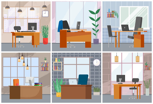 Set of illustrations on the theme of interior layout of the workplace. Design of the office