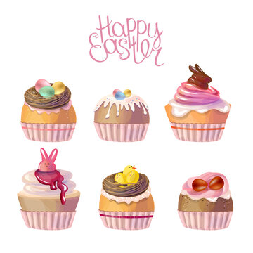 Set with special spring Easter sweets. Festive pastry for spring holiday. Illustarion can be used for restaurant and cafe menu.