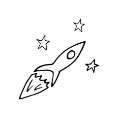 rocket flies among the stars icon. sketch hand drawn doodle style. vector, minimalism, monochrome. space, baby.