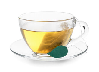 Cup of aromatic green tea on white background