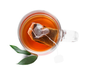 Cup of aromatic black tea on white background
