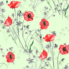 Watercolor vintage pattern. Seamless background with a pattern - flower cornflower, Red poppy, cloves. Beautiful splash of paint, art background for fabric, paper, textiles