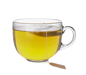 Cup of aromatic green tea on white background