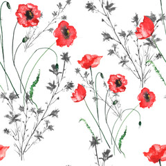 Watercolor vintage pattern. Seamless background with a pattern - flower cornflower, Red poppy, cloves. Beautiful splash of paint, art background for fabric, paper, textiles