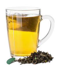 Cup of aromatic green tea on white background