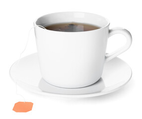 Cup of aromatic tea on white background