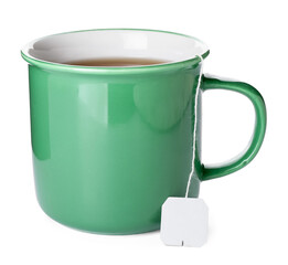 Cup of aromatic tea on white background