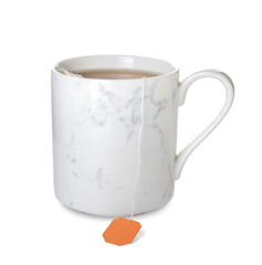 Cup of aromatic tea on white background