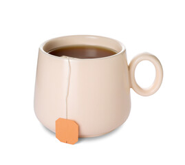 Cup of aromatic tea on white background