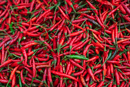 Red hot peppers for sale in a street market