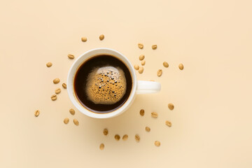 Cup of hot coffee on color background