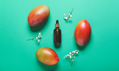 Bottle of mango essential oil on color background