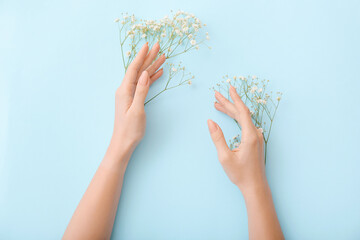 Female hands with beautiful flowers on color background