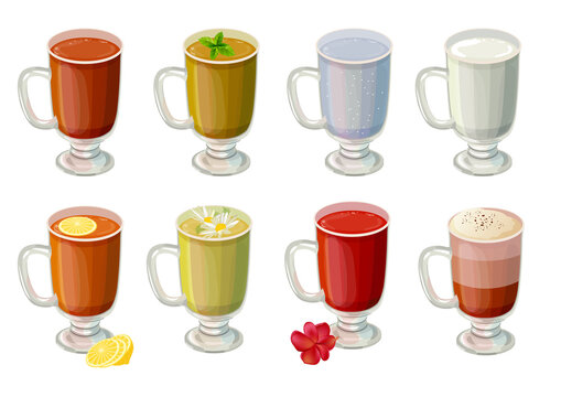 Set with different sorts of tee, milk and water in glass. Illustration on white background.