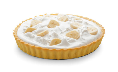 Tasty banana pie on white background