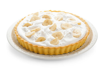 Plate with tasty banana pie on white background