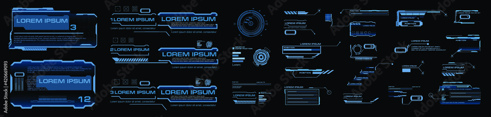 Poster hud elements set. virtual graphical user interface. callouts, headers, frames, info roles, and data 