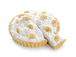 Tasty banana pie on white background