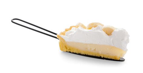 Spatula with piece of tasty banana pie on white background