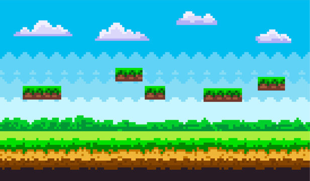 Pixel art game background, scene with green grass and ground platforms against blue sky with clouds