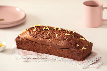 Tasty gingerbread cake on light background