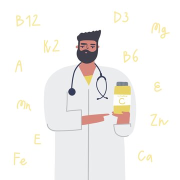 Male doctor keeps bottle with vitamins. Virus protection concept. Vector hand drawn illustration