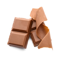 Delicious chocolate curl and pieces on white background