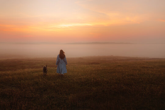 A girl with a long hair wearing a long blue coat walking in the middle of the foggy and misty field with a dog by side n the early morning with an orange red sky