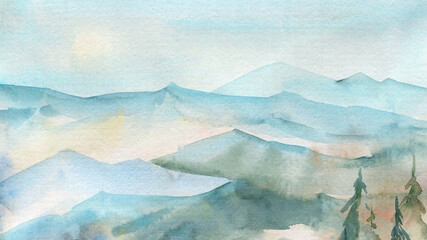 Watercolor landscape, painting mountains panoramic view