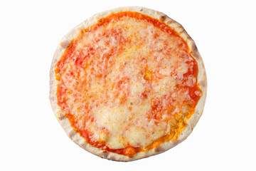 Pizza on white background isolated above view. Delicious homemade pizza top view.