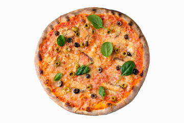 Pizza on white background isolated above view. Delicious homemade pizza top view.