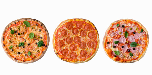 Three different types of Pizza on white background isolated above view. Delicious homemade pizza top view. 