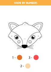 Color cute fox face by numbers. Worksheet for kids.