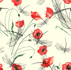 Seamless watercolor background with, flowers, paint splash. Watercolor card with a picture of dragonfly,flower branch, red poppy, peony, sheet,floral pattern.Flower fragrance.Trendy vintage background
