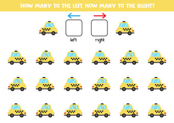 Left or right with taxi car. Logical worksheet for preschoolers.