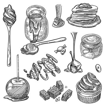 Liquid Caramel Sauce In Jar, Spoon, Toffee Candy, Splash, Apple, Cupcake Dessert Set. Sweet Food Vector Illustration. Hand Drawn Elements Collection. Confectionery Concept