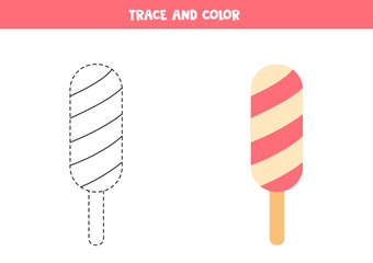 Trace and color pink ice cream. Worksheet for kids.