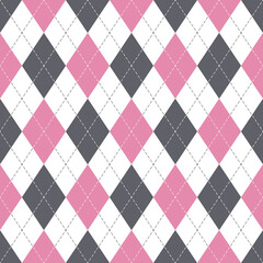 Argyle pattern seamless in grey, pink, white. Traditional geometric vector argyll background for gift wrapping, socks, sweater, jumper, other modern spring autumn womenswear fashion textile print.