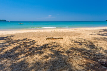 Fototapeta premium A view from the shadow of the trees on Kamala beach on Phuket island in Thailand