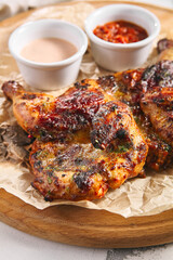 Chicken tabaka restaurant food dish. Rustic style fried food on white old table. Rustic, restaurant, grilled food concept.