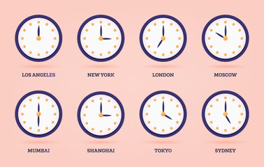Set of 3D Clock for Different Time Zones and Cities.