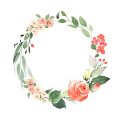 Obraz na płótnie Canvas Wreath with red rose, small abstract flowers and green leaves. Watercolor frame isolated on white background for your text, invitation card, greeting, date or message.