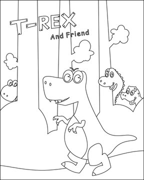 Vector illustration of a friendly Tyrannosaurus Rex and friend in a forest. Creative vector Childish design for kids activity colouring book or page.