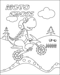 Vector illustration of a funny dinosaur on a motocross bike, Dinosaurs cartoon characters, Creative vector Childish design for kids activity colouring book or page.