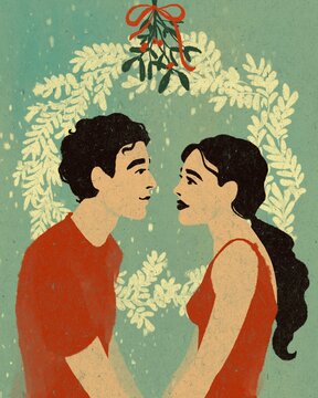 Couple in love under mistletoe