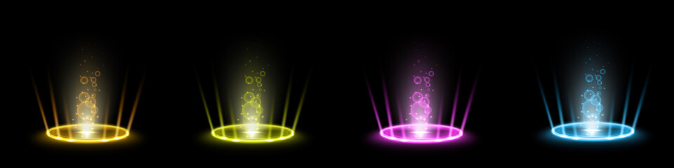 Color hologram portals set. Magic fantasy portal. Magic circle teleport podium with hologram effect. Vector colorful glow rays with sparks on black background.