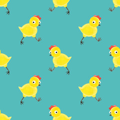 A pattern with a walking little chicken. Seamless pattern of funny yellow chickens. Hand-drawn watercolor texture with cute birds on a green background. For textiles, prints, and children's design.