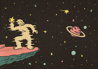 Ancestor Ape Throwing Stars In The Universe Illustration
