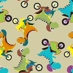 Obraz premium Seamless pattern vector of funny dinosaur on a motocross bike. Creative vector childish background for fabric, textile, nursery wallpaper, card, poster and other decoration.