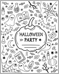 Halloween party invitation. Hand drawn doodle style. Vector Halloween pattern with pumpkins, ghosts, spider web, bats, mushrooms, candles, bottles, magic books. Black outlines isolated on a white.